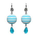 A pair of drop earrings featuring blue and white striped lucite drops with silver plated metal and Swarovski crystal elements.