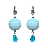 A pair of drop earrings featuring blue and white striped lucite drops with silver plated metal and Swarovski crystal elements.