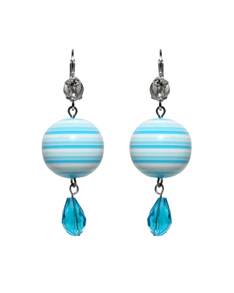 A pair of drop earrings featuring blue and white striped lucite drops with silver plated metal and Swarovski crystal elements.